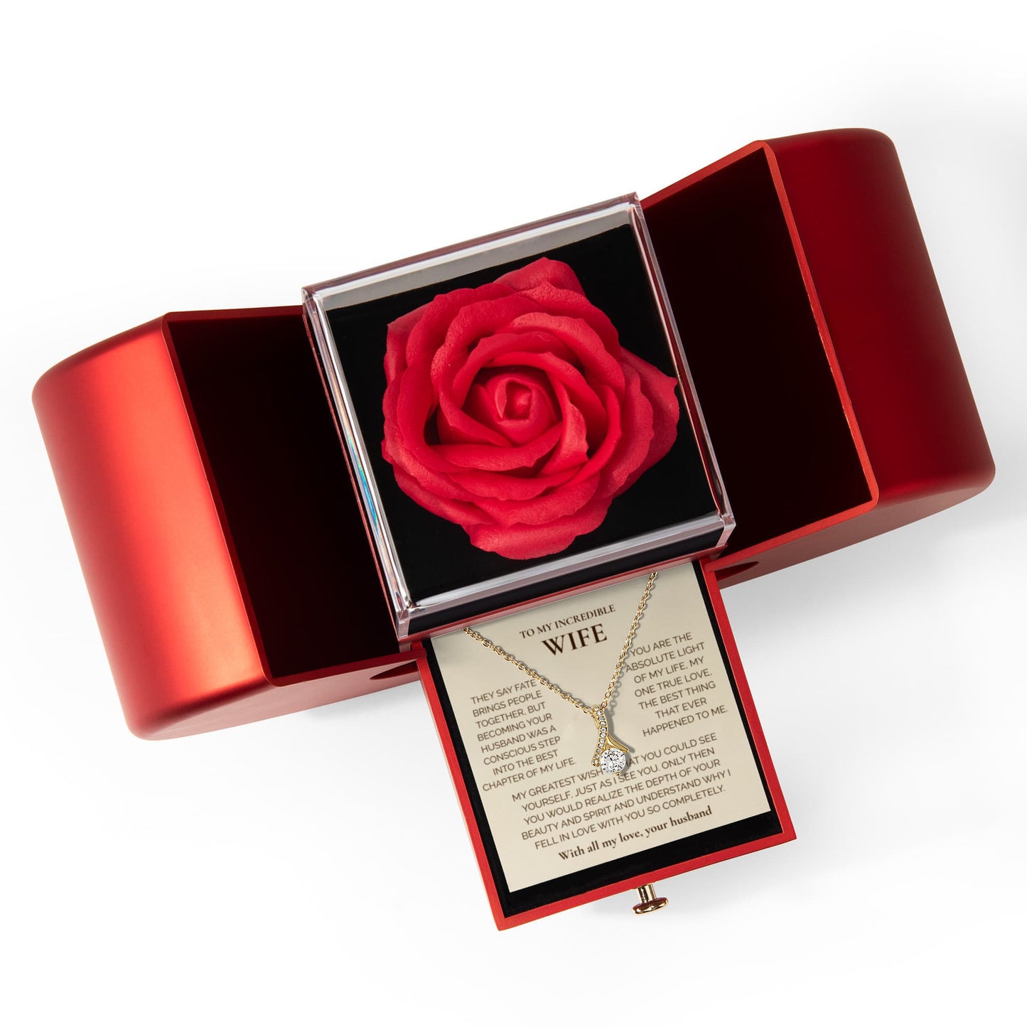To My Wife" Necklace with Heartfelt Message – Luxury Heart-Shaped Gift Box & Rose