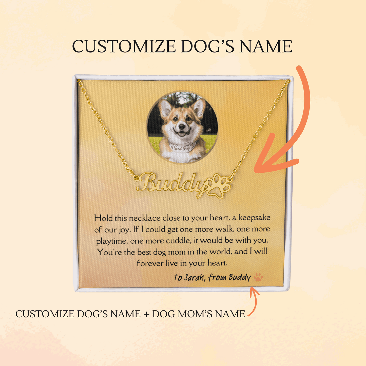 Dog memorial necklace in gift box with heartfelt message card – keepsake sympathy gift for grieving dog owners. Customize with dog's name and dog mom's name for a truly unique and emotional experience.
