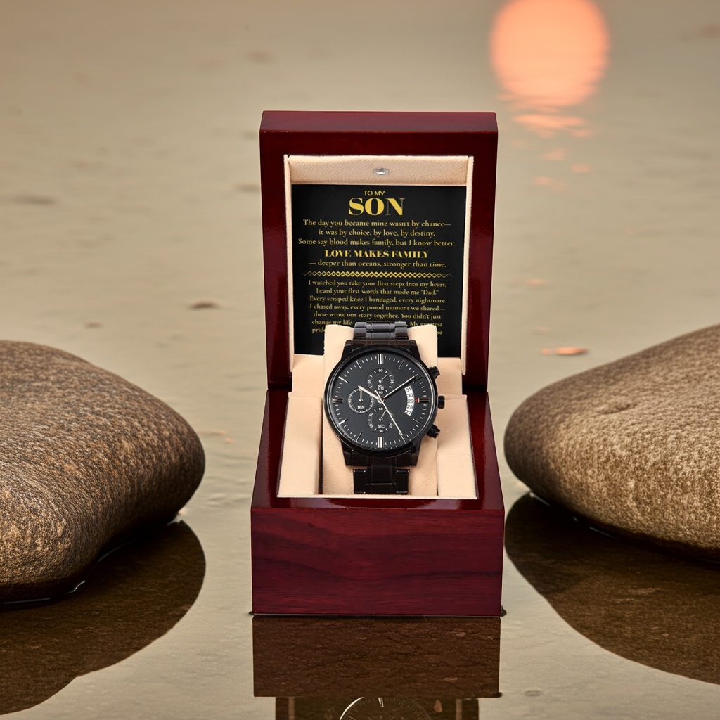 Watch for Adopted Son from Dad — “Love Makes Family” Adoption Keepsake Gift — Sentimental Father to Son Gift — Black Chronograph Watch