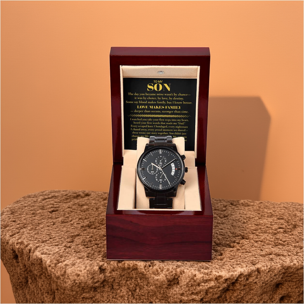 Watch for Adopted Son from Dad — “Love Makes Family” Adoption Keepsake Gift — Sentimental Father to Son Gift — Black Chronograph Watch