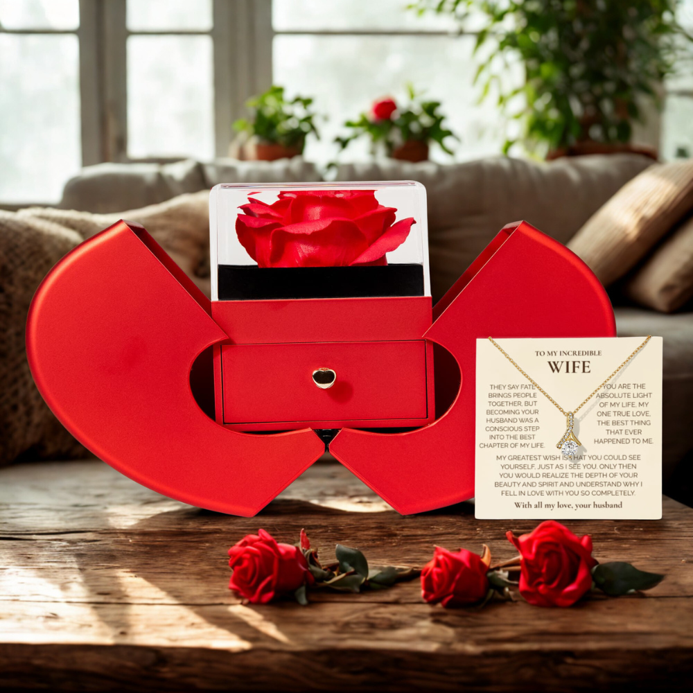 To My Wife" Necklace with Heartfelt Message – Luxury Heart-Shaped Gift Box & Rose