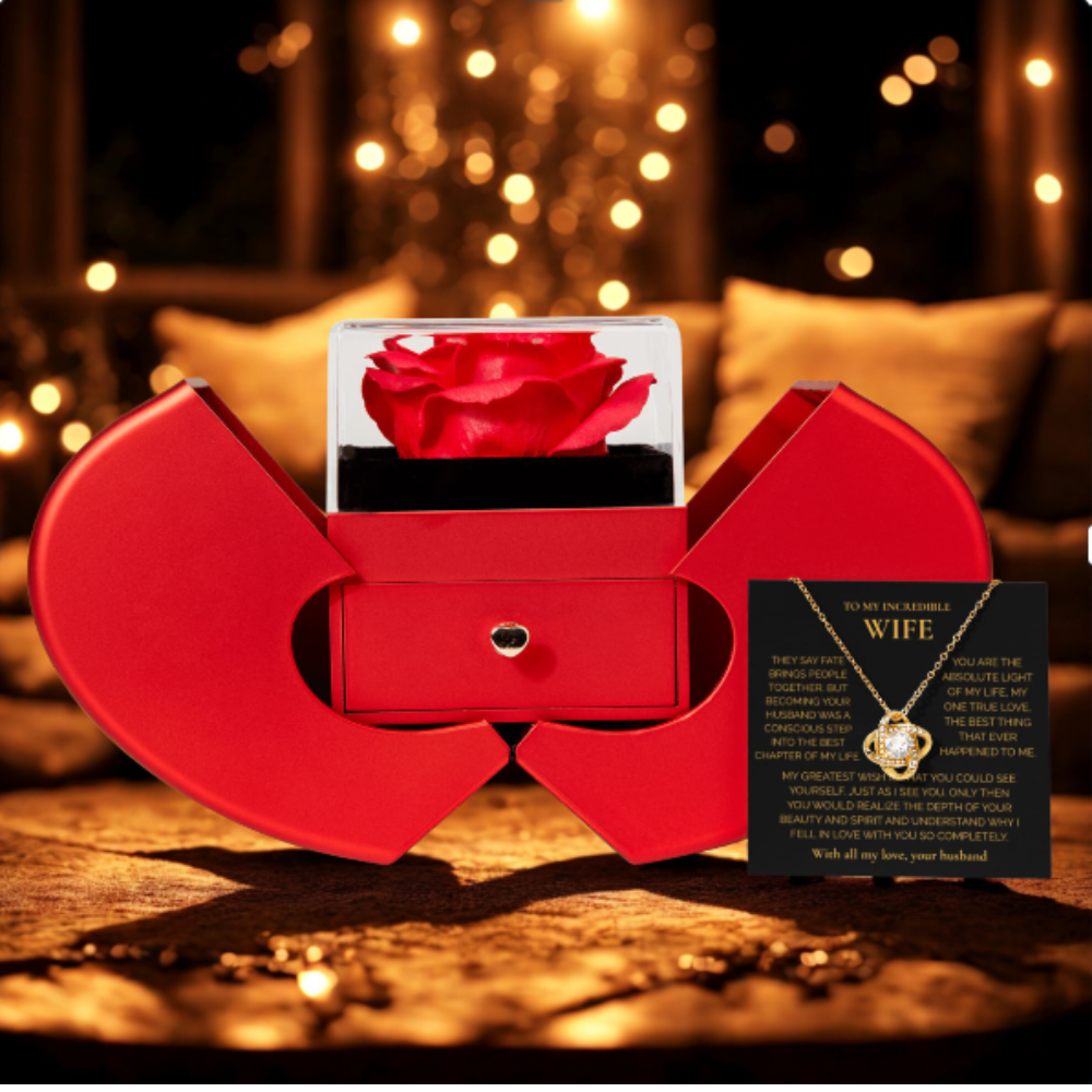 ''To My Wife" Love Knot Necklace – Elegant Red Rose Gift Box with Heartfelt Message