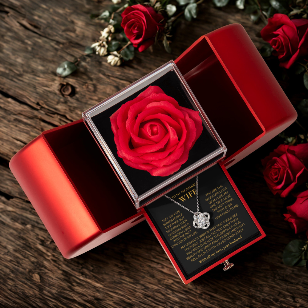 ''To My Wife" Love Knot Necklace – Elegant Red Rose Gift Box with Heartfelt Message