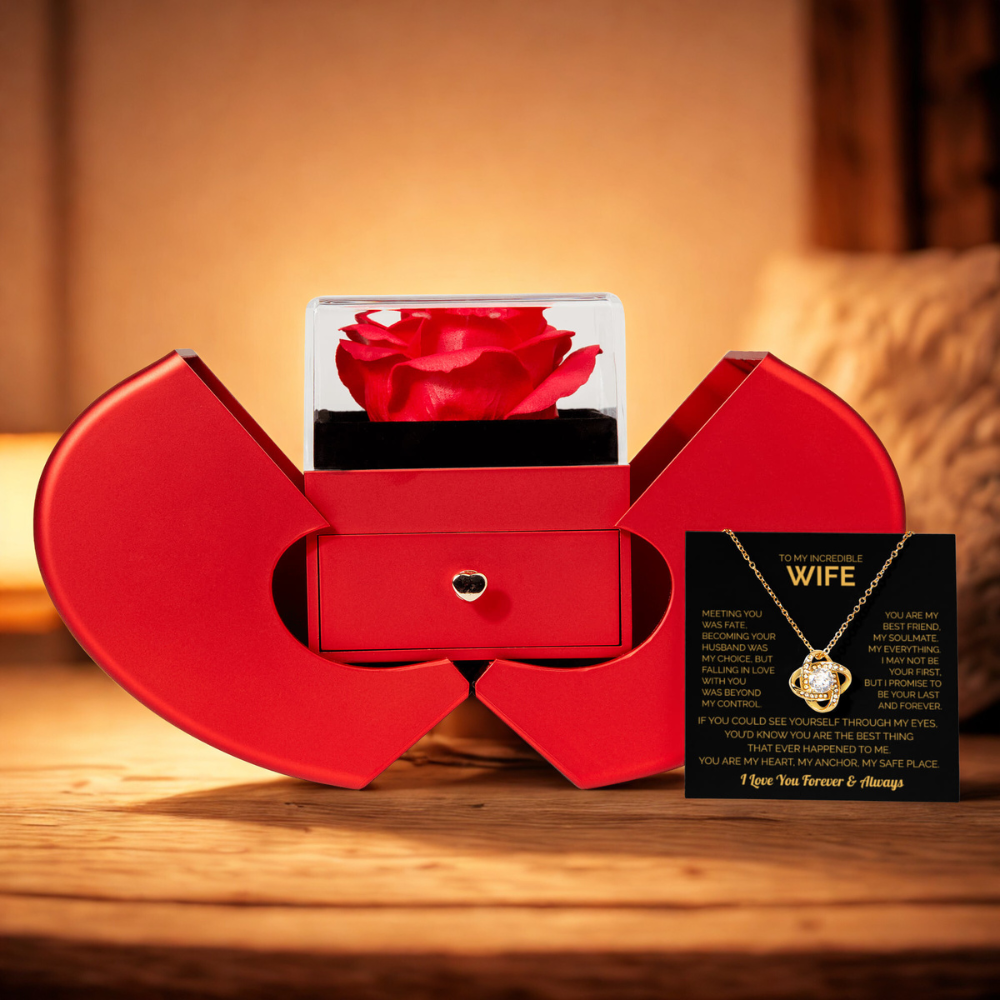 ''To My Wife'' Love Knot Necklace – Elegant Red Rose Gift Box with Heartfelt Message for Christmas, Birthday or Anniversary