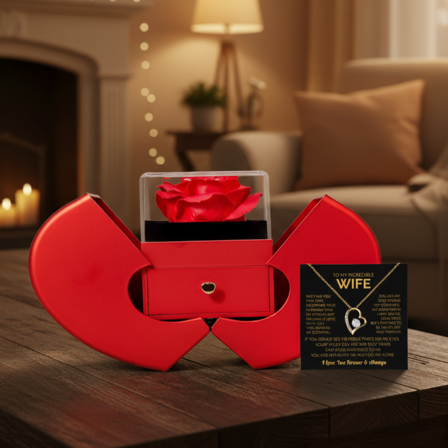 To My Wife – Heart Necklace with Red Rose Gift Box | Romantic Jewelry Gift for Christmas, Birthday & Anniversary