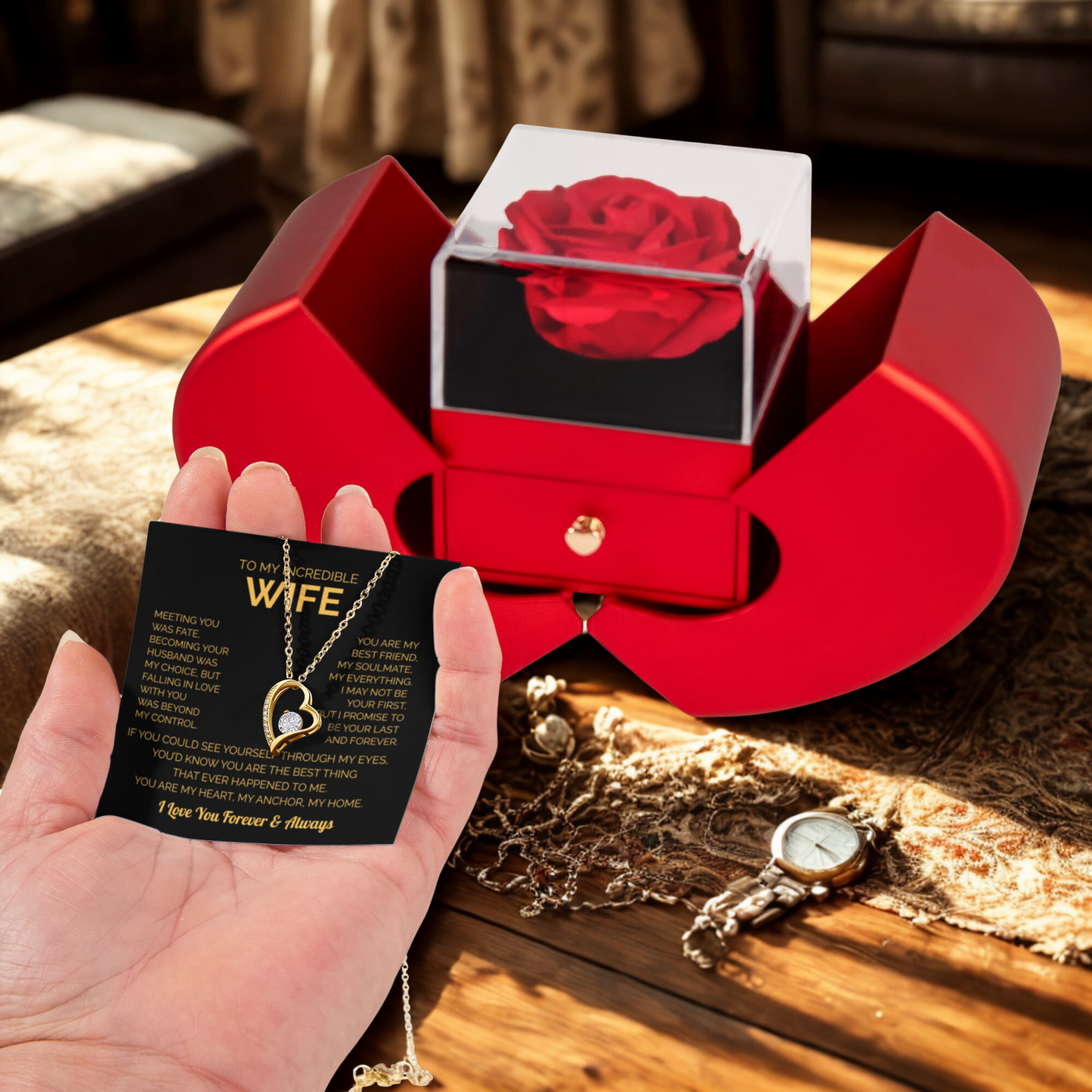 To My Wife – Heart Necklace with Red Rose Gift Box | Romantic Jewelry Gift for Christmas, Birthday & Anniversary