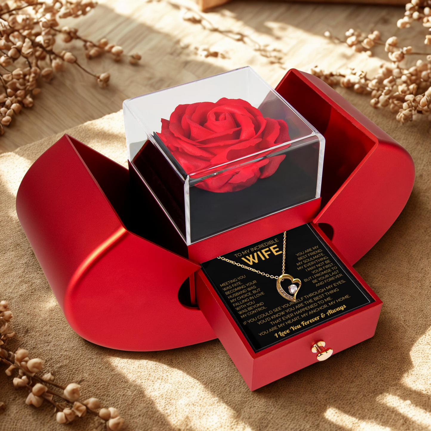 To My Wife – Heart Necklace with Red Rose Gift Box | Romantic Jewelry Gift for Christmas, Birthday & Anniversary