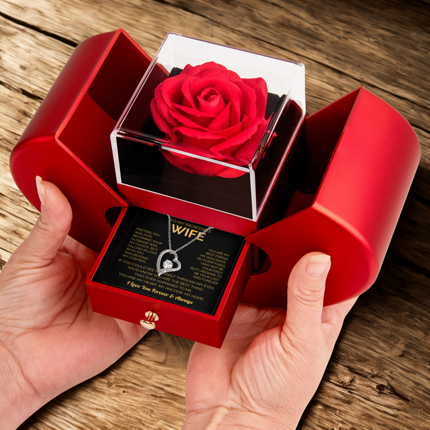 To My Wife – Heart Necklace with Red Rose Gift Box | Romantic Jewelry Gift for Christmas, Birthday & Anniversary