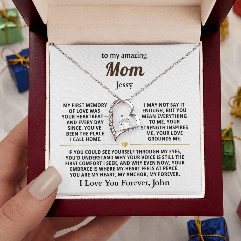 Personalized To My Mom Necklace - From Son or Daughter - Heartfelt Gift Set for Christmas, Mother's Day or Birthday (white card)