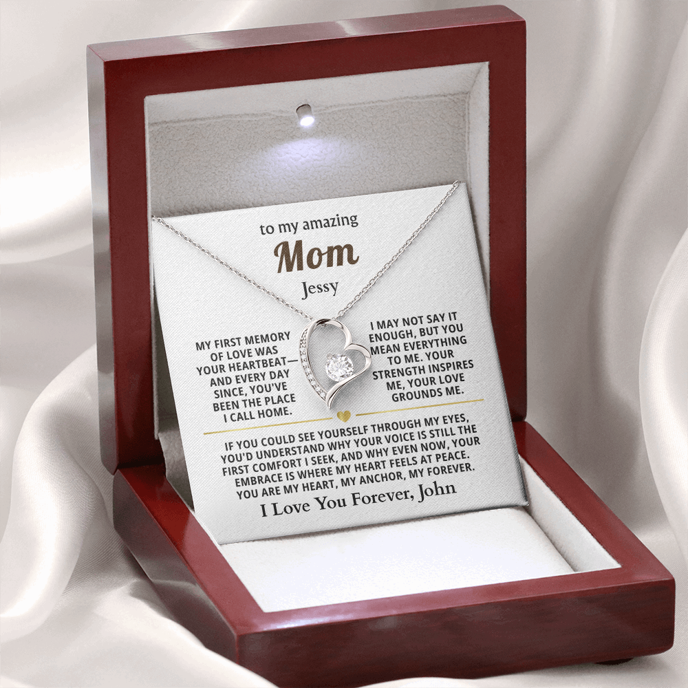 Personalized To My Mom Necklace - From Son or Daughter - Heartfelt Gift Set for Christmas, Mother's Day or Birthday (white card)