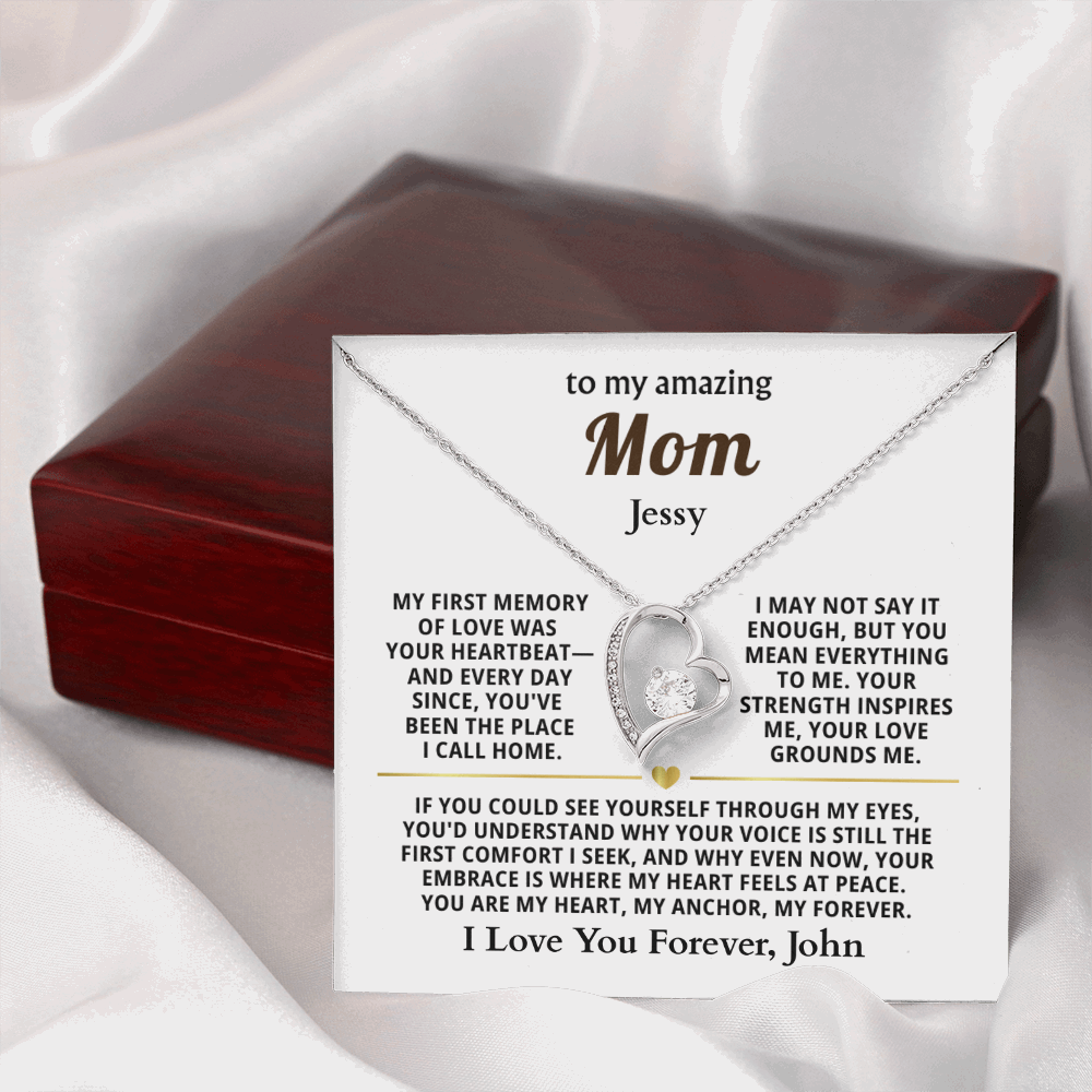 Personalized To My Mom Necklace - From Son or Daughter - Heartfelt Gift Set for Christmas, Mother's Day or Birthday (white card)