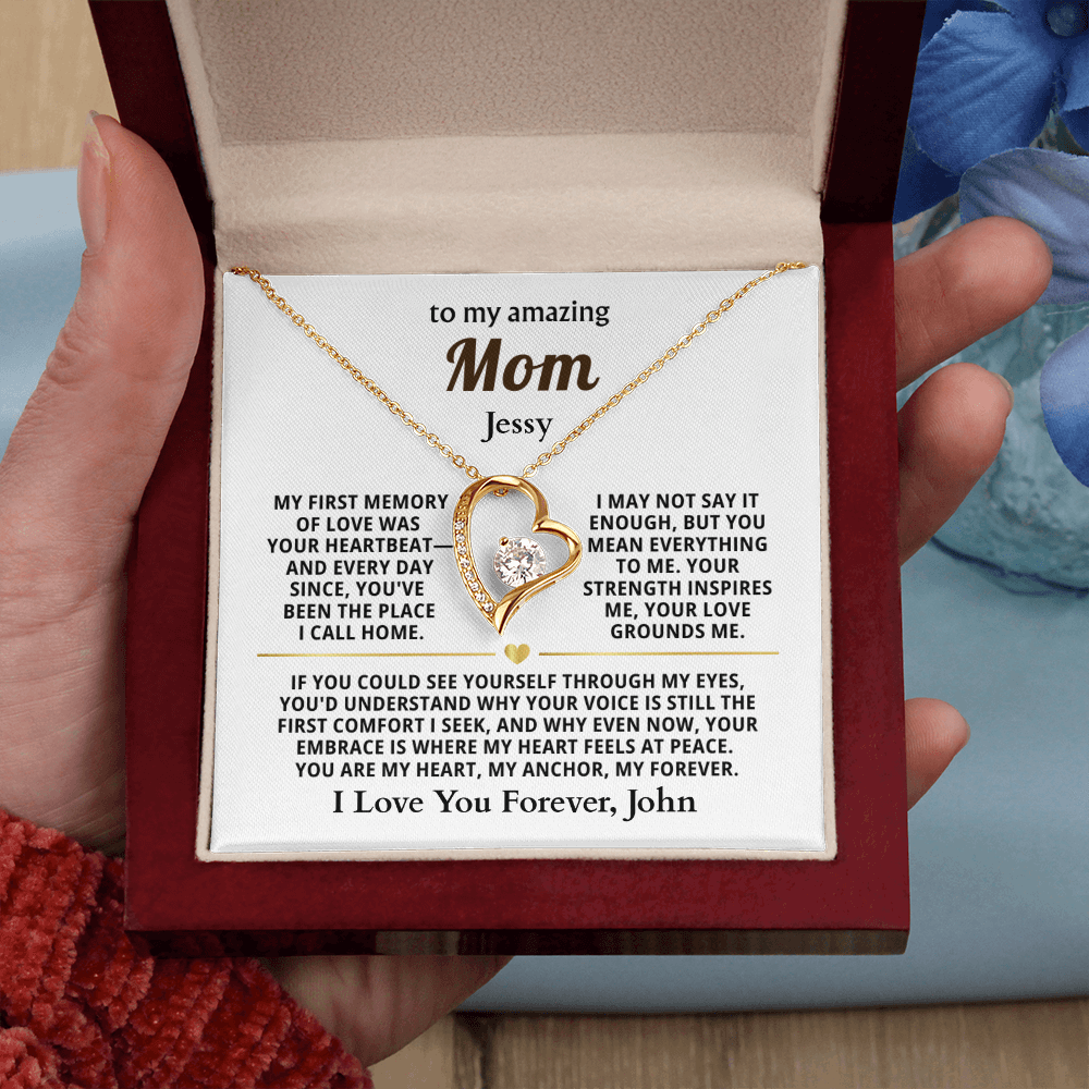 Personalized To My Mom Necklace - From Son or Daughter - Heartfelt Gift Set for Christmas, Mother's Day or Birthday (white card)