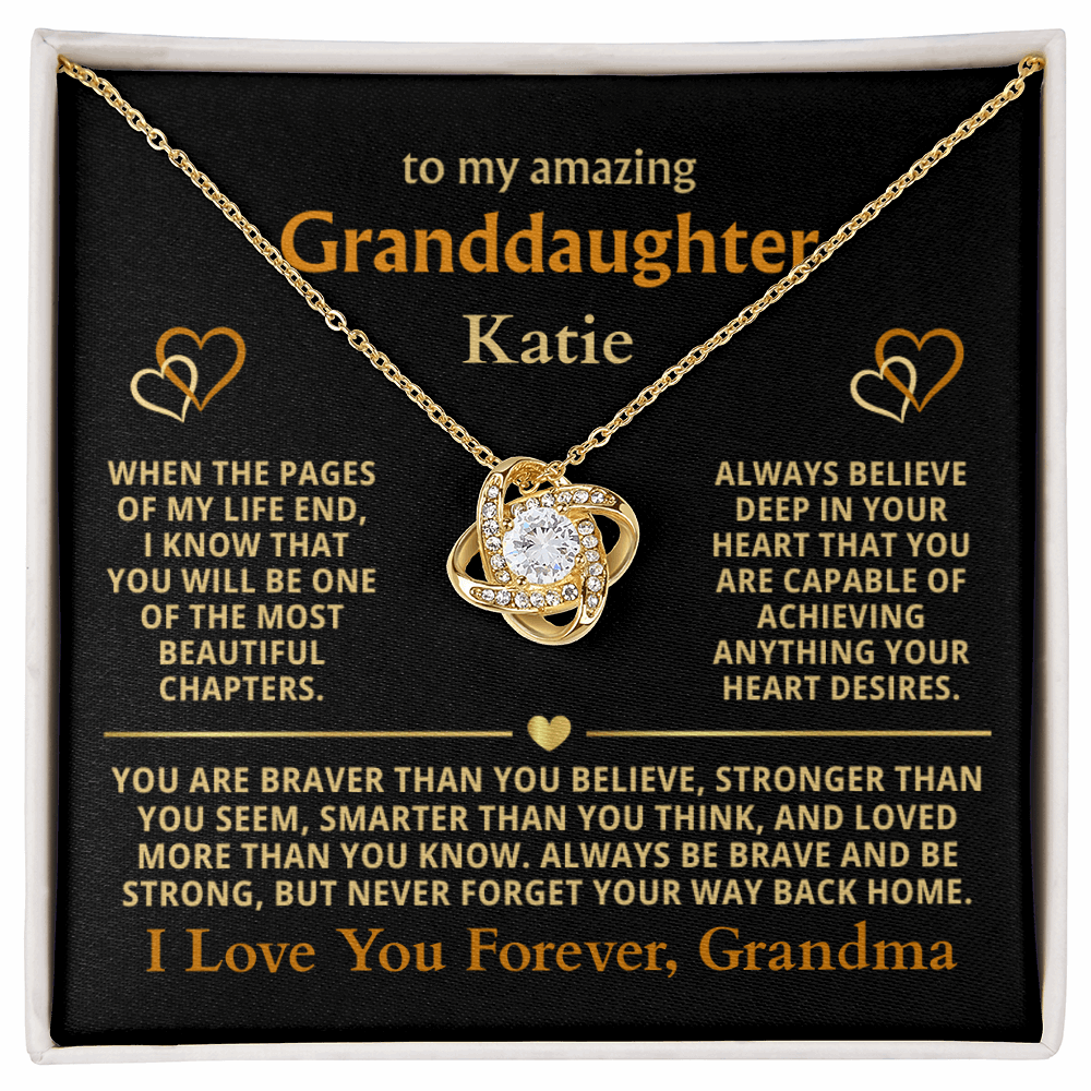 Personalized Granddaughter Gift Necklace - Love Knot Necklace with Message from Grandma or Grandpa (black card)