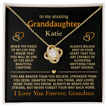 Personalized Granddaughter Gift Necklace - Love Knot Necklace with Message from Grandma or Grandpa (black card)