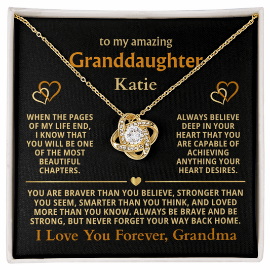 Personalized Granddaughter Gift Necklace - Love Knot Necklace with Message from Grandma or Grandpa (black card)