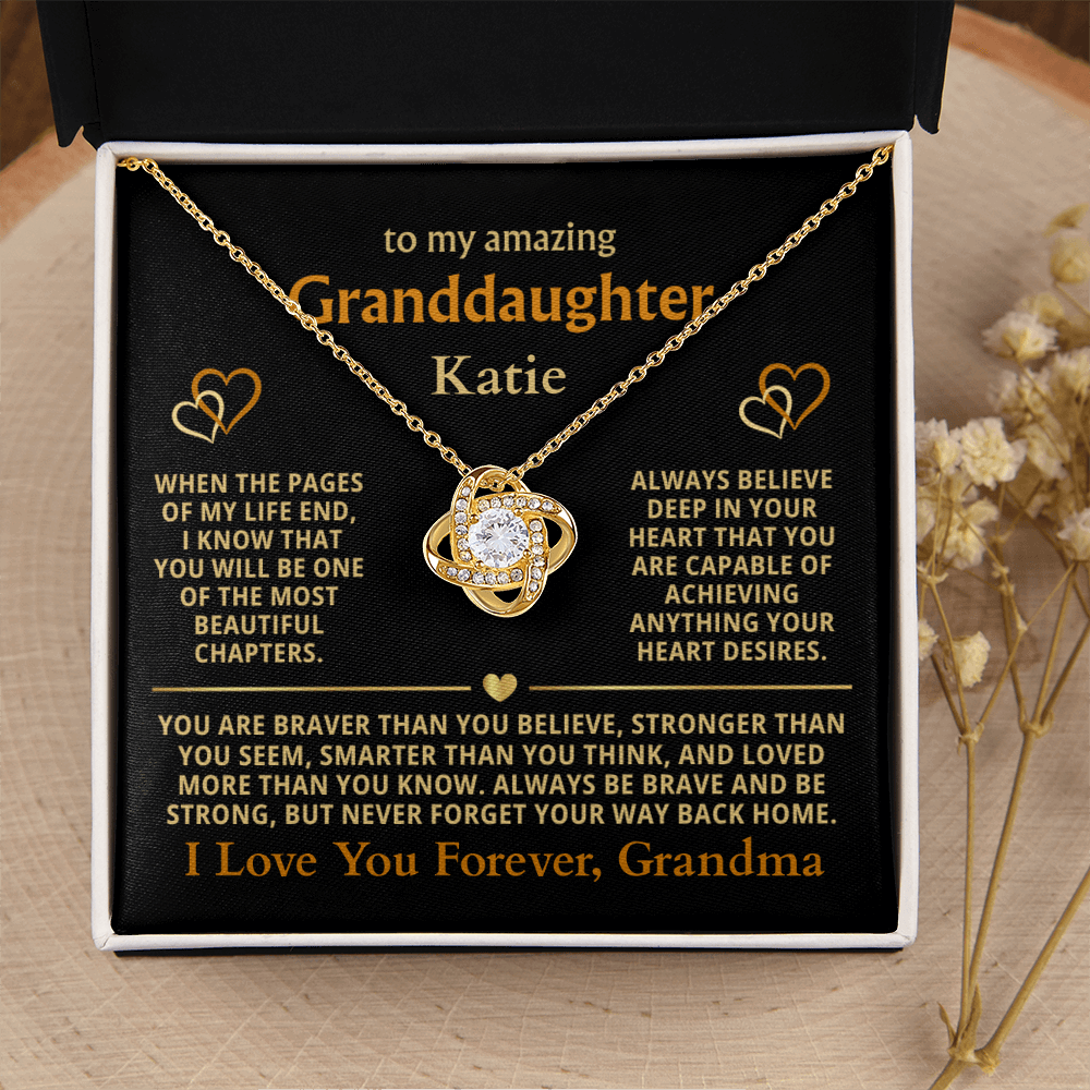 Personalized Granddaughter Gift Necklace - Love Knot Necklace with Message from Grandma or Grandpa (black card)