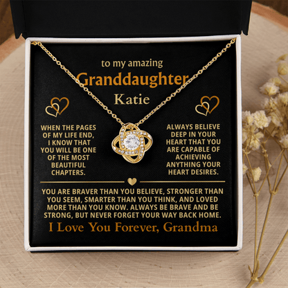 Personalized Granddaughter Gift Necklace - Love Knot Necklace with Message from Grandma or Grandpa (black card)