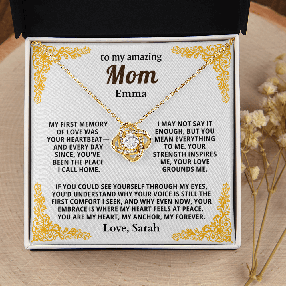Personalized To My Mom Necklace - From Son or Daughter - Heartfelt Love Knot Gift Set for Christmas, Mother's Day or Birthday