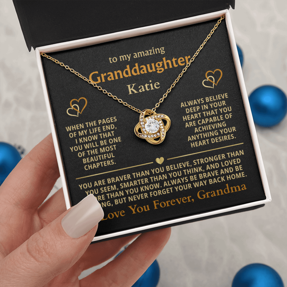 Personalized Granddaughter Gift Necklace - Love Knot Necklace with Message from Grandma or Grandpa (black card)