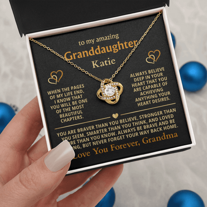 Personalized Granddaughter Gift Necklace - Love Knot Necklace with Message from Grandma or Grandpa (black card)