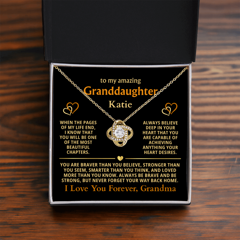 Personalized Granddaughter Gift Necklace - Love Knot Necklace with Message from Grandma or Grandpa (black card)