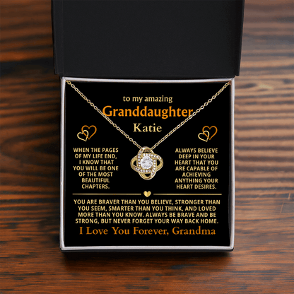 Personalized Granddaughter Gift Necklace - Love Knot Necklace with Message from Grandma or Grandpa (black card)