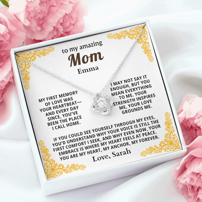 Personalized To My Mom Necklace - From Son or Daughter - Heartfelt Love Knot Gift Set for Christmas, Mother's Day or Birthday