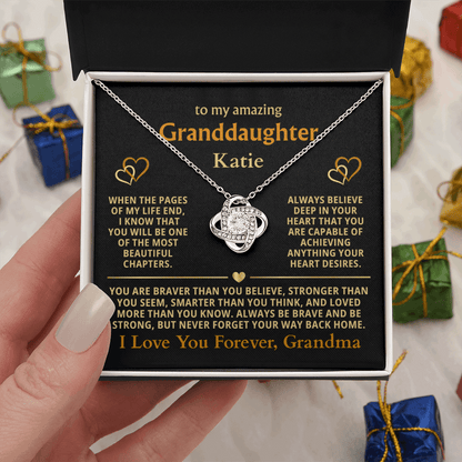 Personalized Granddaughter Gift Necklace - Love Knot Necklace with Message from Grandma or Grandpa (black card)