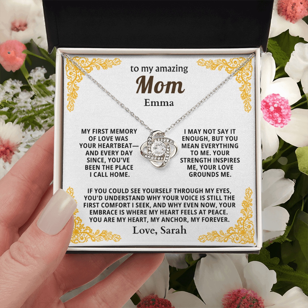 Personalized To My Mom Necklace - From Son or Daughter - Heartfelt Love Knot Gift Set for Christmas, Mother's Day or Birthday