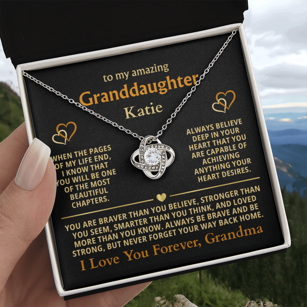 Personalized Granddaughter Gift Necklace - Love Knot Necklace with Message from Grandma or Grandpa (black card)