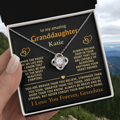 Personalized Granddaughter Gift Necklace - Love Knot Necklace with Message from Grandma or Grandpa (black card)