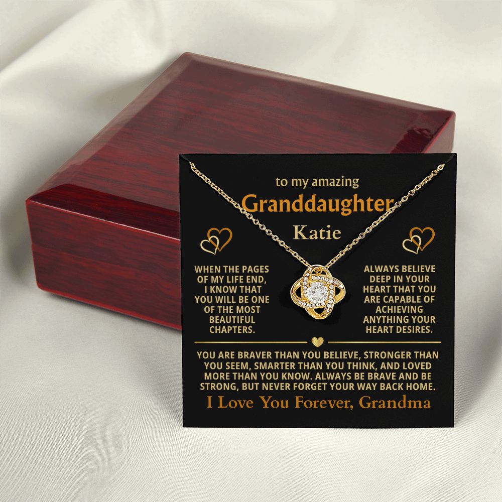Personalized Granddaughter Gift Necklace - Love Knot Necklace with Message from Grandma or Grandpa (black card)