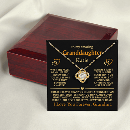 Personalized Granddaughter Gift Necklace - Love Knot Necklace with Message from Grandma or Grandpa (black card)