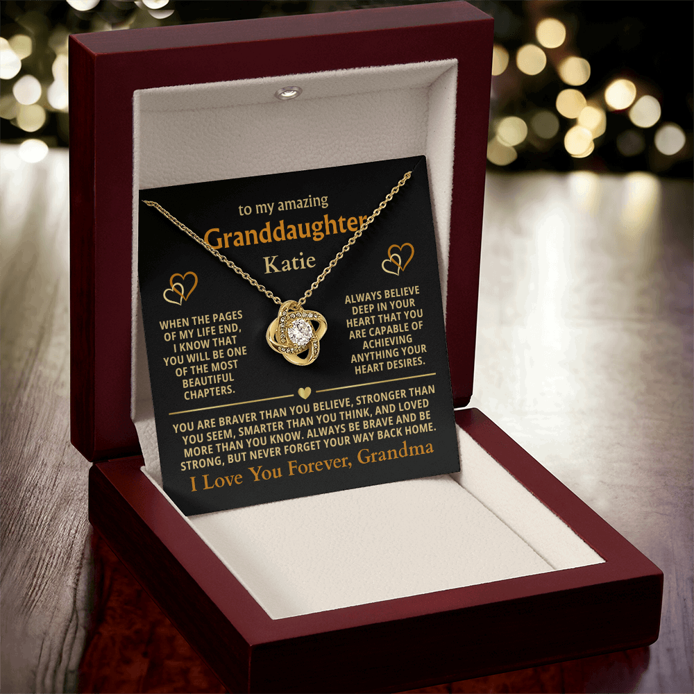Personalized Granddaughter Gift Necklace - Love Knot Necklace with Message from Grandma or Grandpa (black card)