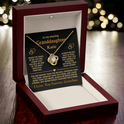 Personalized Granddaughter Gift Necklace - Love Knot Necklace with Message from Grandma or Grandpa (black card)