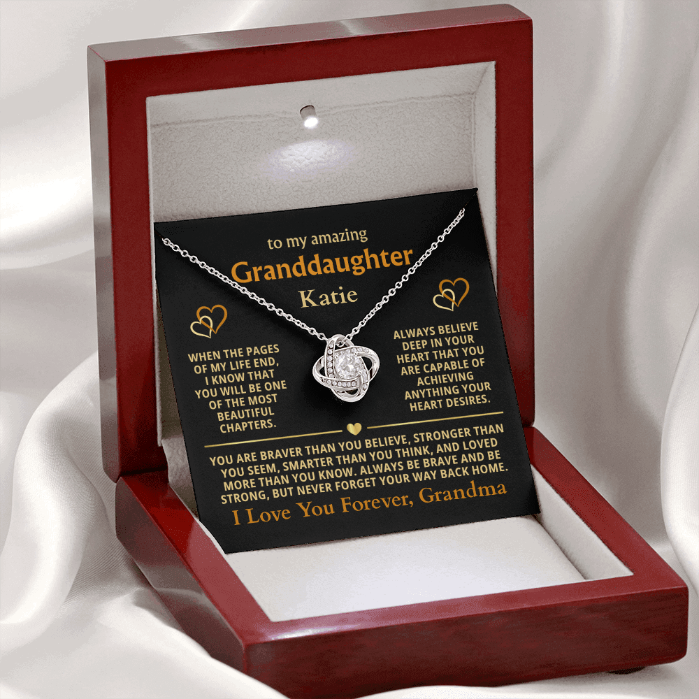 Personalized Granddaughter Gift Necklace - Love Knot Necklace with Message from Grandma or Grandpa (black card)