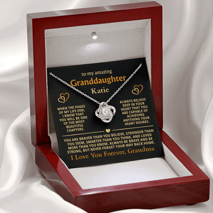 Personalized Granddaughter Gift Necklace - Love Knot Necklace with Message from Grandma or Grandpa (black card)