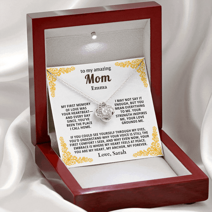 Personalized To My Mom Necklace - From Son or Daughter - Heartfelt Love Knot Gift Set for Christmas, Mother's Day or Birthday