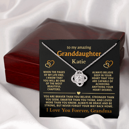 Personalized Granddaughter Gift Necklace - Love Knot Necklace with Message from Grandma or Grandpa (black card)