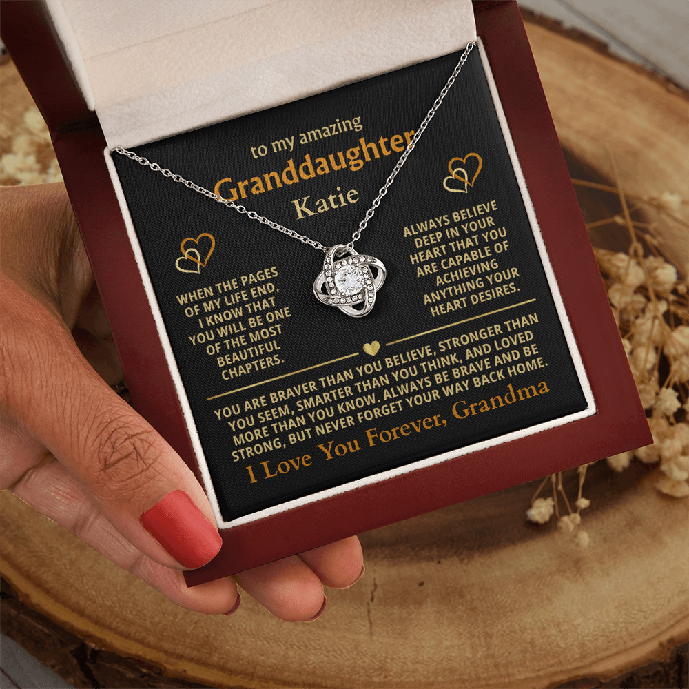 Personalized Granddaughter Gift Necklace - Love Knot Necklace with Message from Grandma or Grandpa (black card)