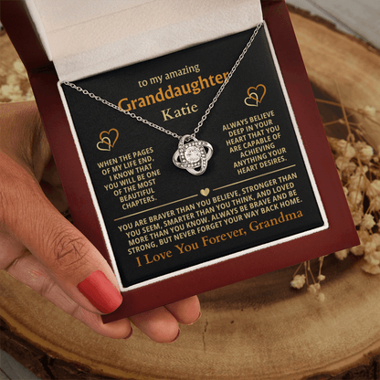 Personalized Granddaughter Gift Necklace - Love Knot Necklace with Message from Grandma or Grandpa (black card)