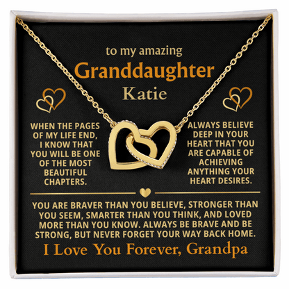 Personalized Granddaughter Gift Necklace - Interlocking Hearts Necklace with Message from Grandma or Grandpa