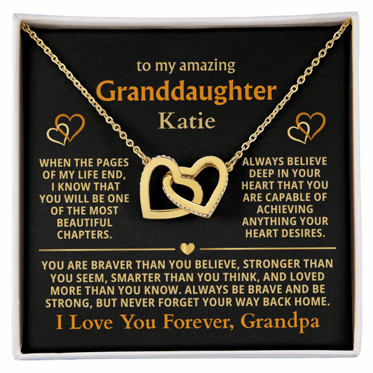 Personalized Granddaughter Gift Necklace - Interlocking Hearts Necklace with Message from Grandma or Grandpa