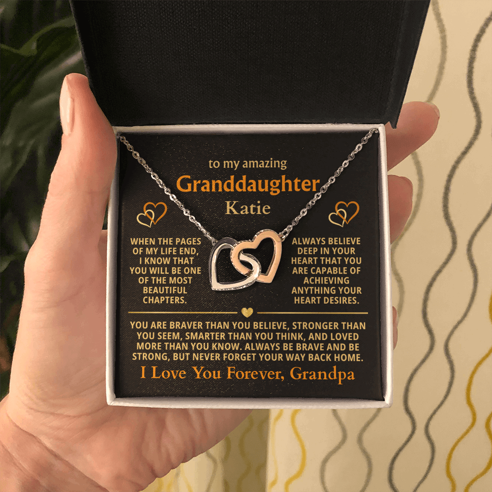 Personalized Granddaughter Gift Necklace - Interlocking Hearts Necklace with Message from Grandma or Grandpa