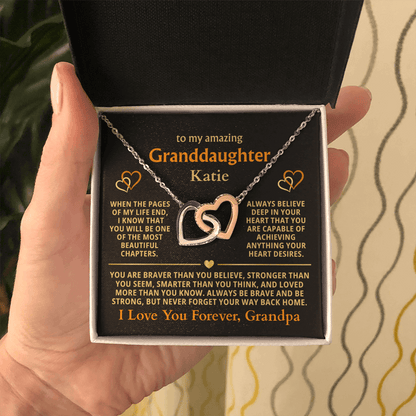 Personalized Granddaughter Gift Necklace - Interlocking Hearts Necklace with Message from Grandma or Grandpa