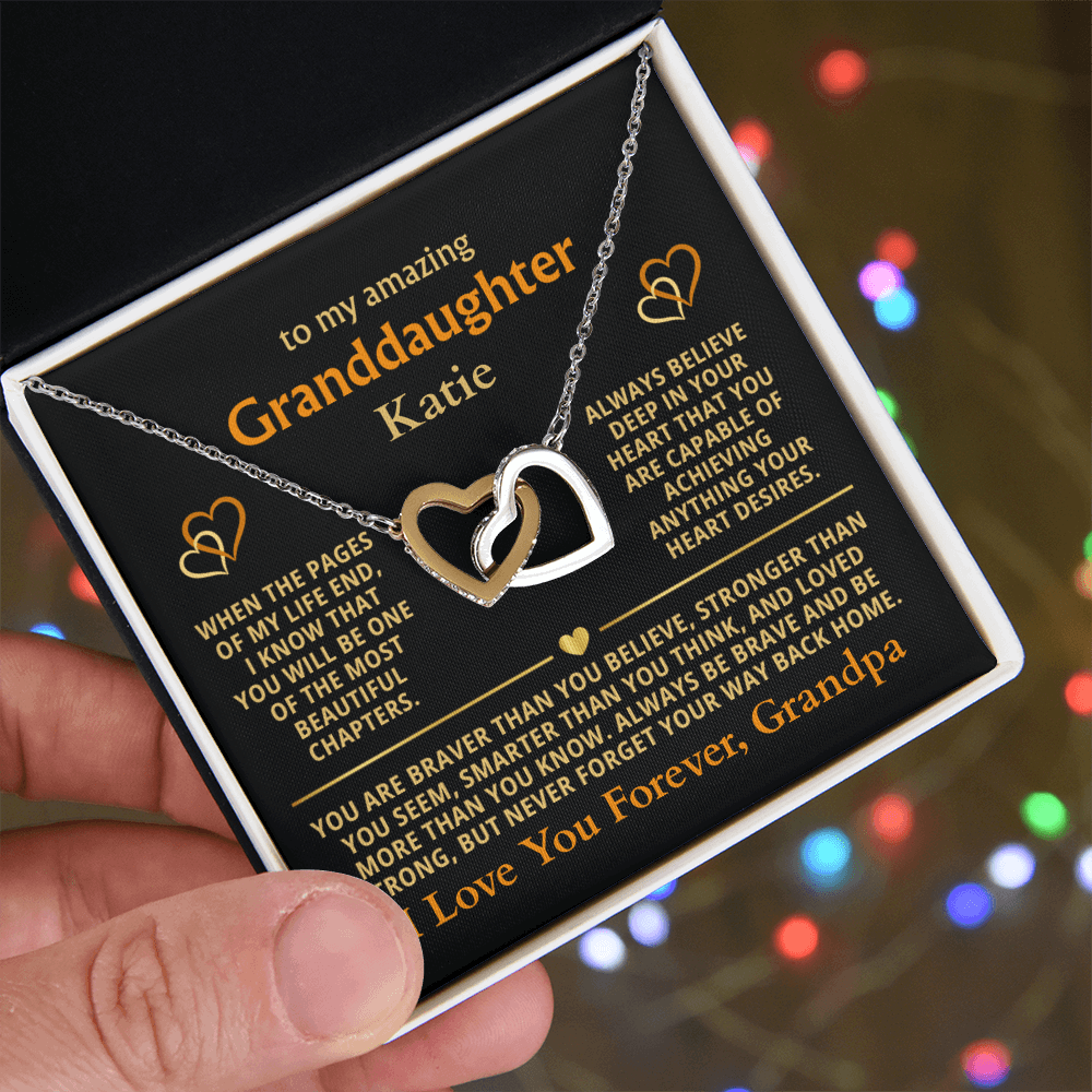 Personalized Granddaughter Gift Necklace - Interlocking Hearts Necklace with Message from Grandma or Grandpa