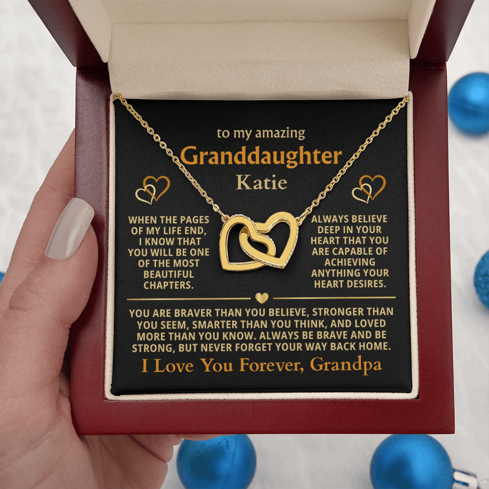 Personalized Granddaughter Gift Necklace - Interlocking Hearts Necklace with Message from Grandma or Grandpa