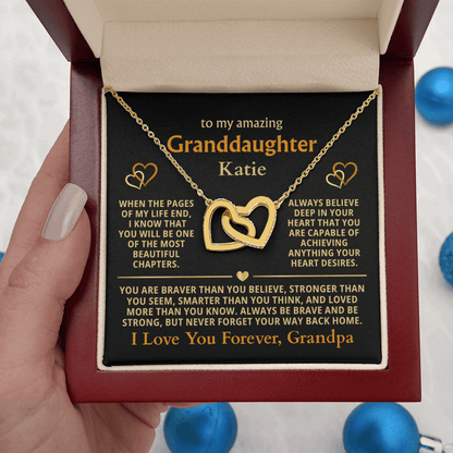 Personalized Granddaughter Gift Necklace - Interlocking Hearts Necklace with Message from Grandma or Grandpa