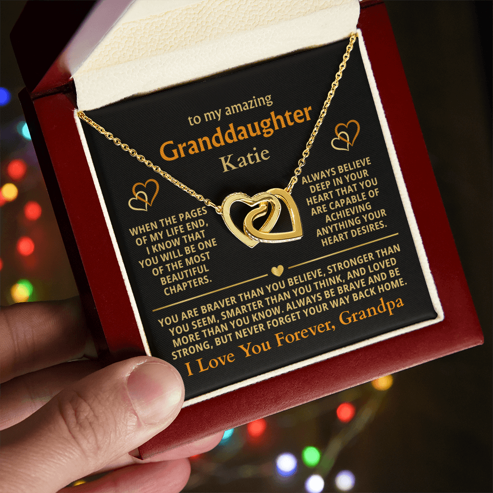 Personalized Granddaughter Gift Necklace - Interlocking Hearts Necklace with Message from Grandma or Grandpa