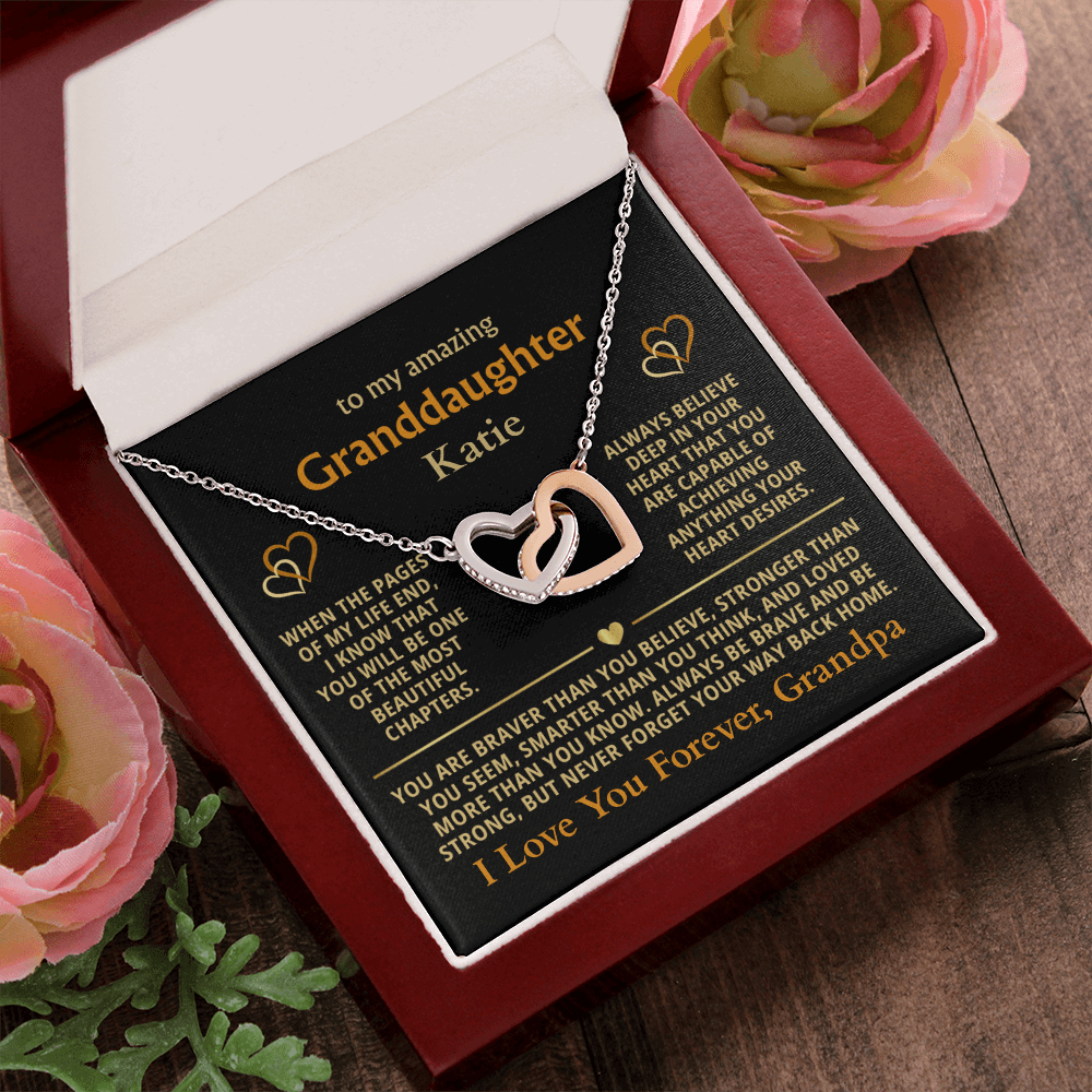 Personalized Granddaughter Gift Necklace - Interlocking Hearts Necklace with Message from Grandma or Grandpa